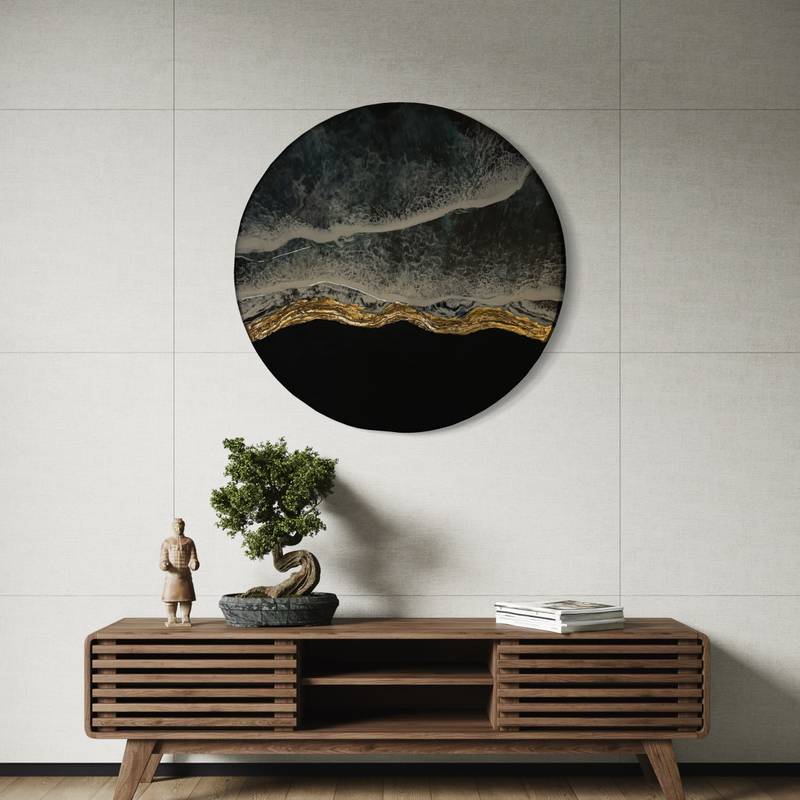 Blue Sea with Gold and Black Cliffs